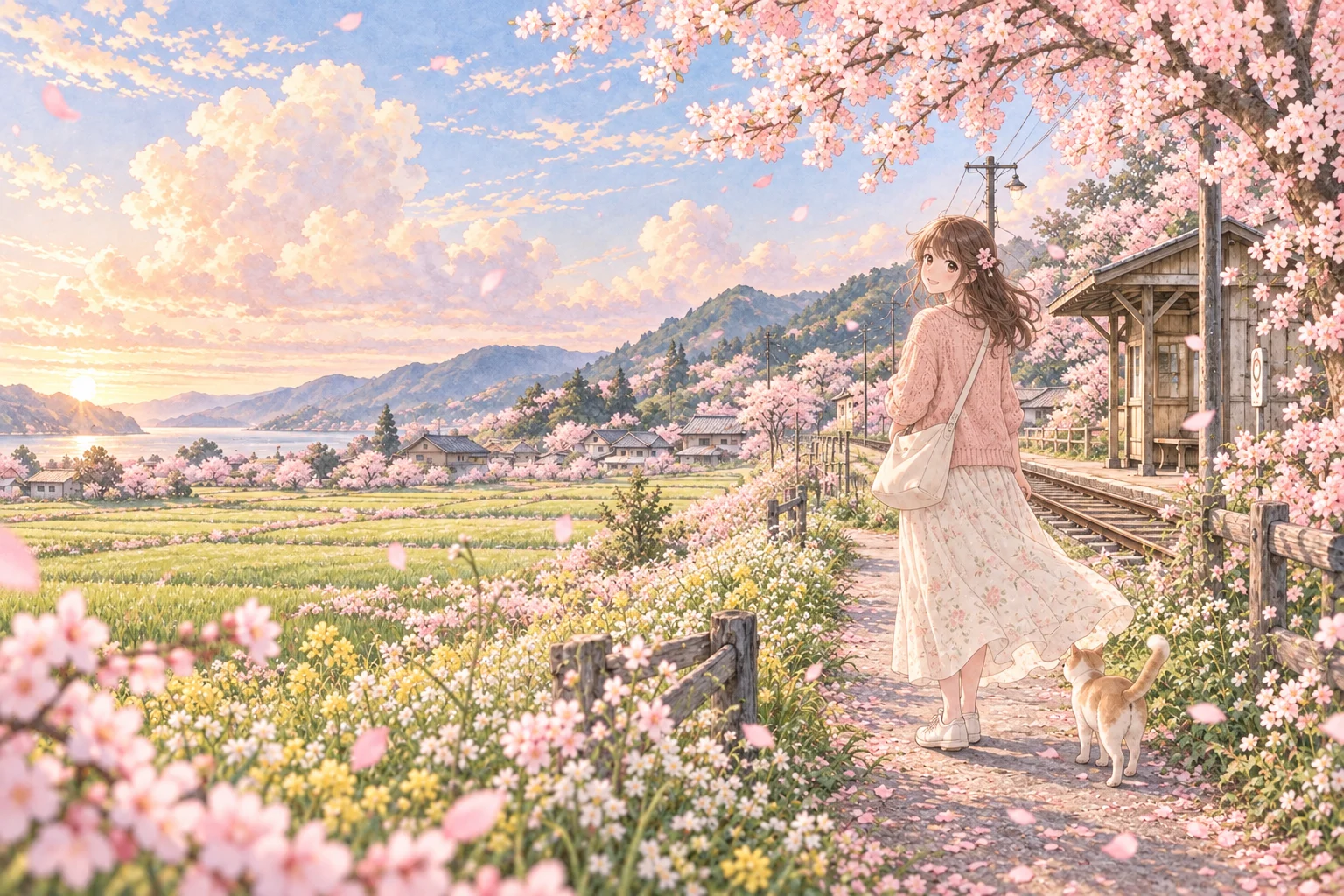 温暖的乡间车站、远山与花间小路的原创插画
